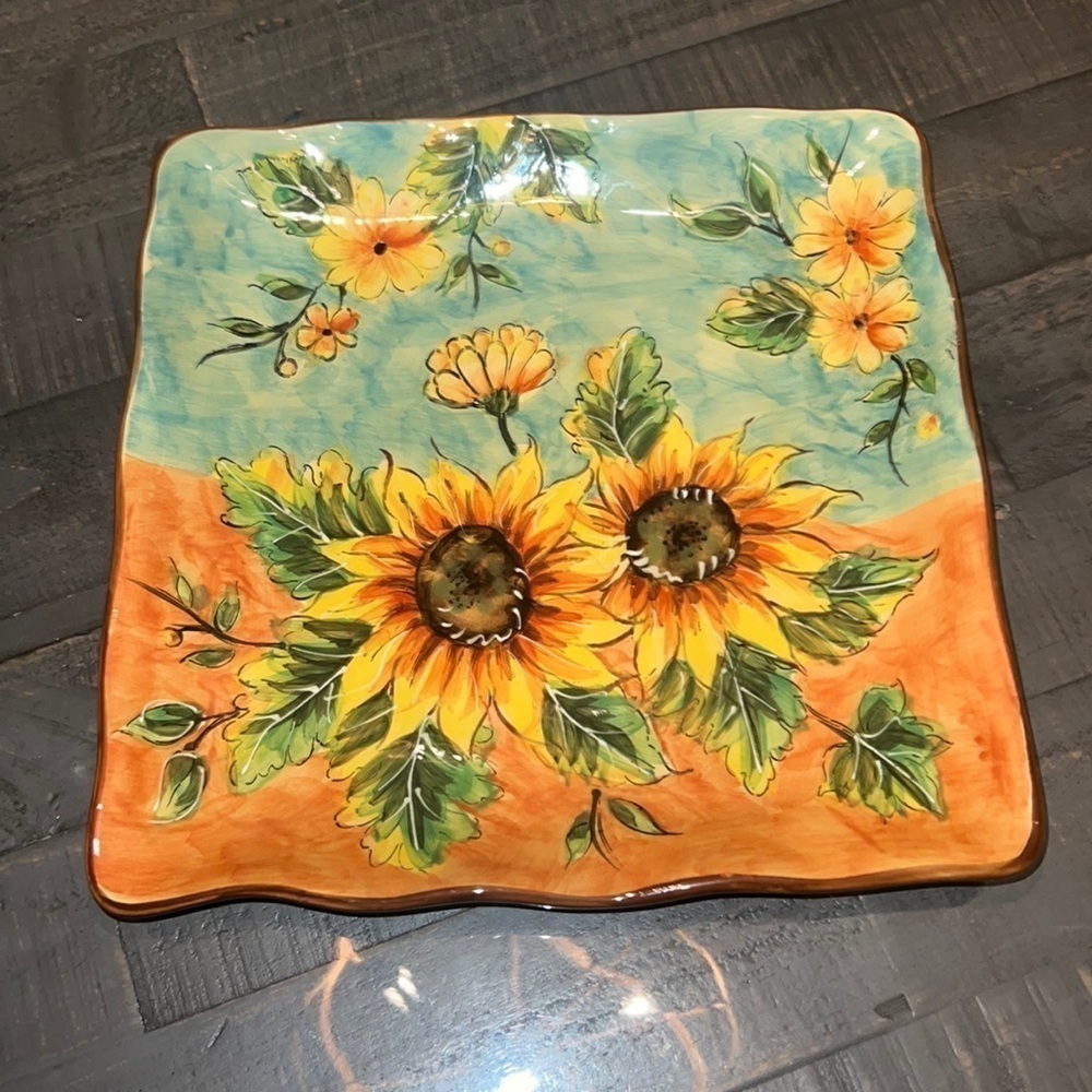 Maxcera Terra‎ Cotta Sunflower Square Serving Plate Scalloped Edge Hand Painted